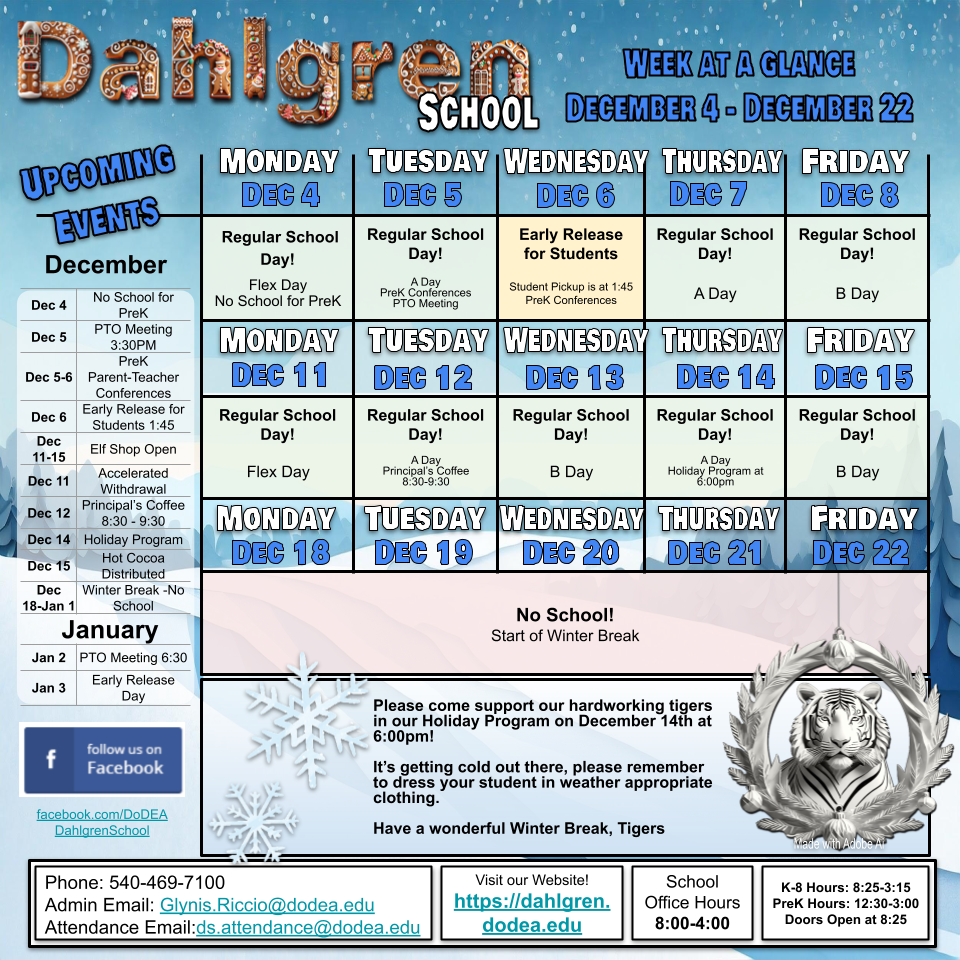 Dahlgren School December 4 to December 22 calendar of events